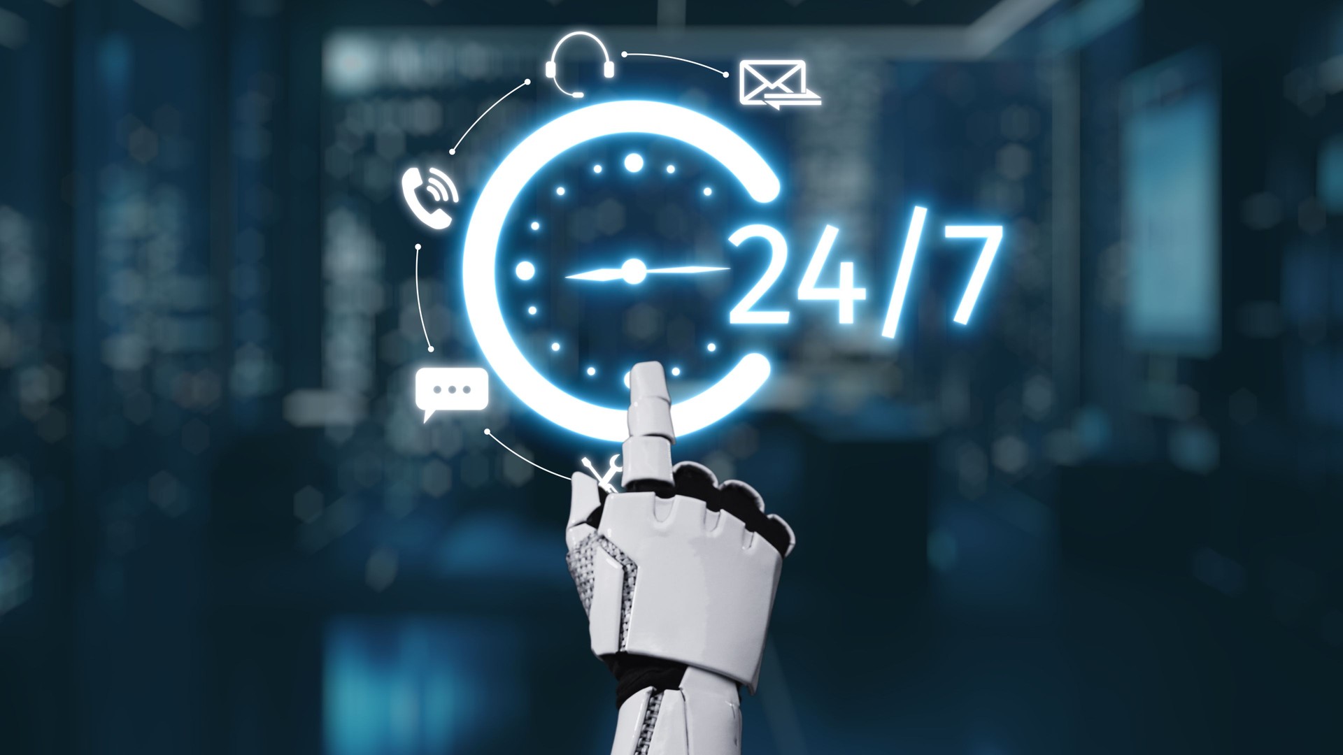 Futuristic robotic hand pointing to digital clock symbolizing 24-hour availability with communication icons in an urban night setting. Auvana