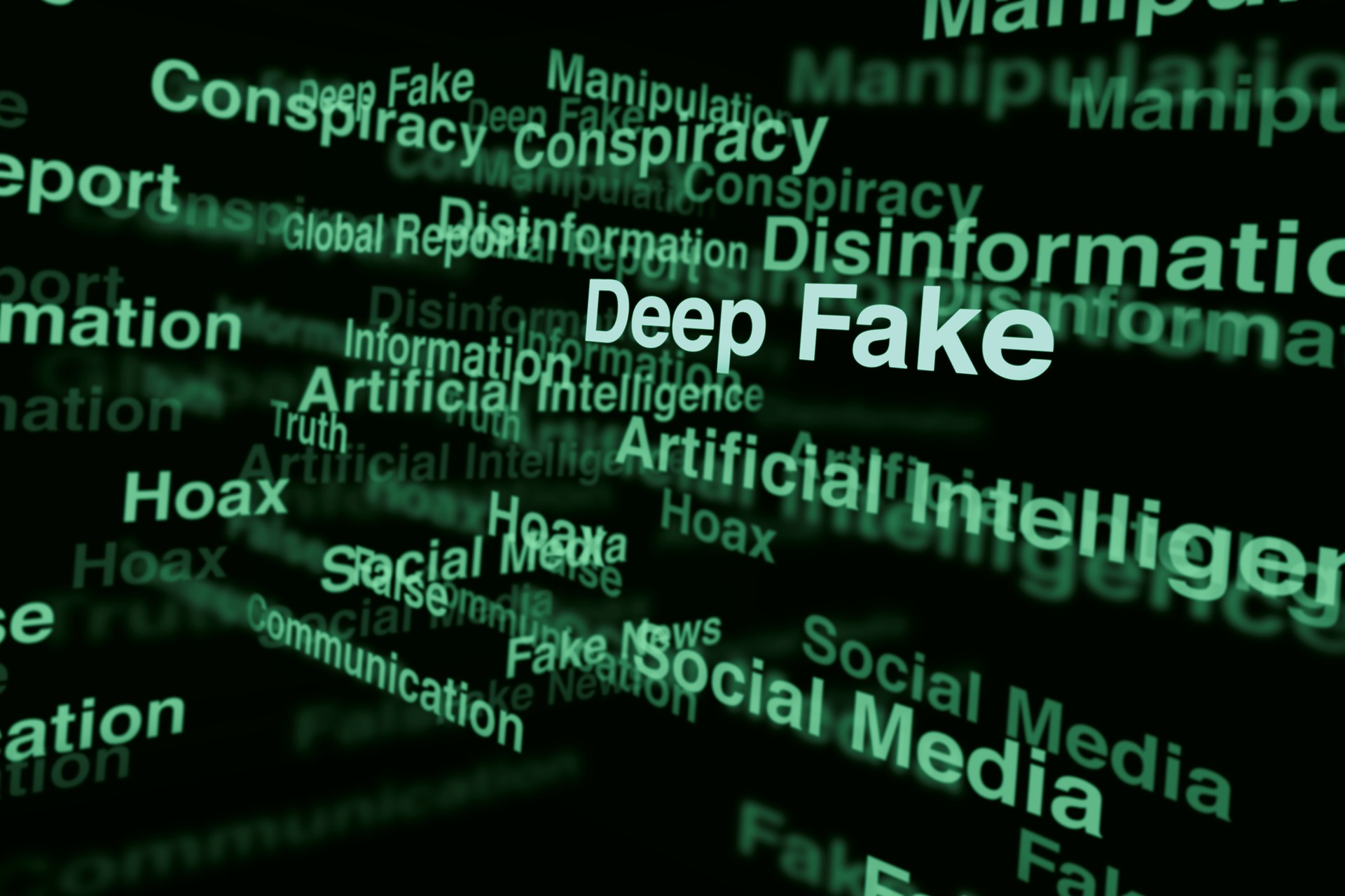 Deep Fake and Disinformation Concept with Keywords in Green on Dark Background