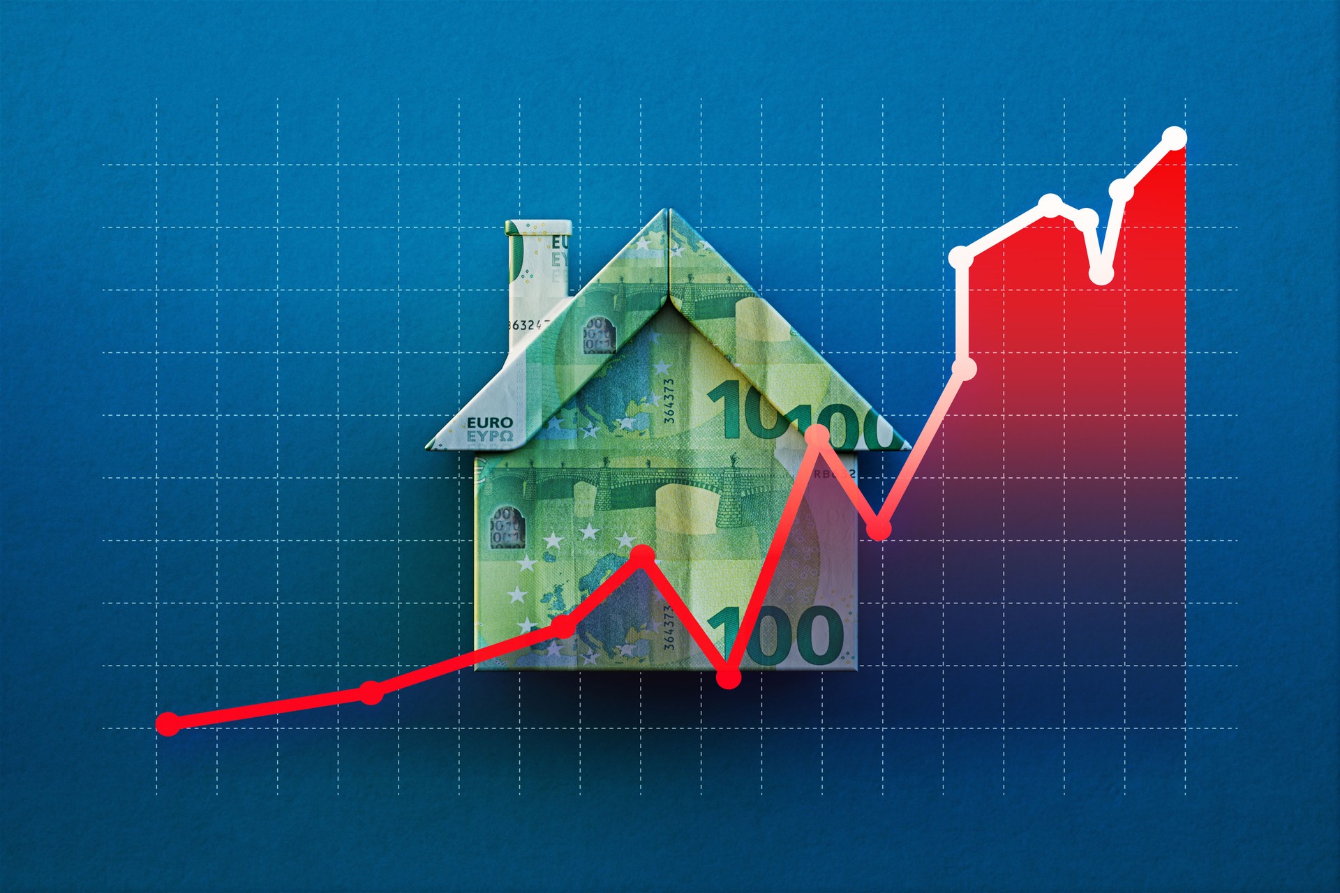 Bar Graph Over House Object Textured With 100 Euro Bill On Blue Background