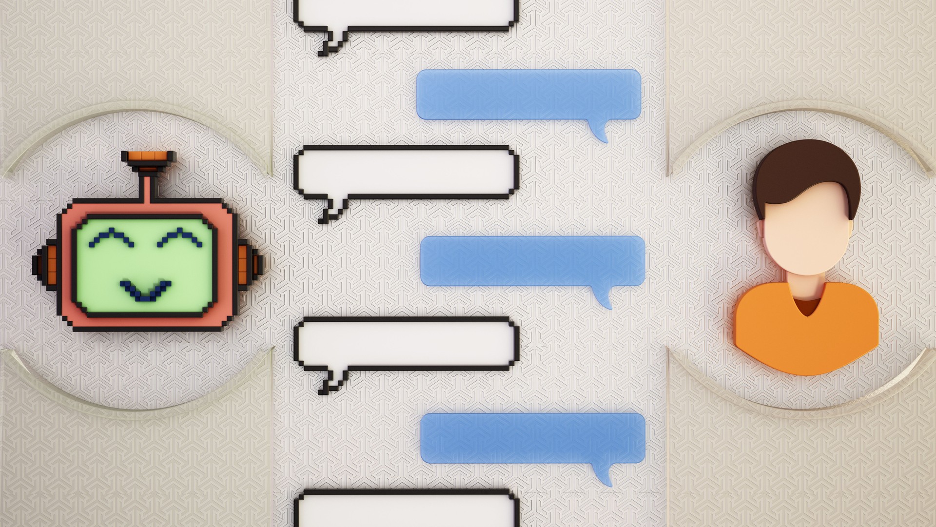 Cartoon 8 bit AI chatbot and user icons communicating with each other. AI chatbot concept